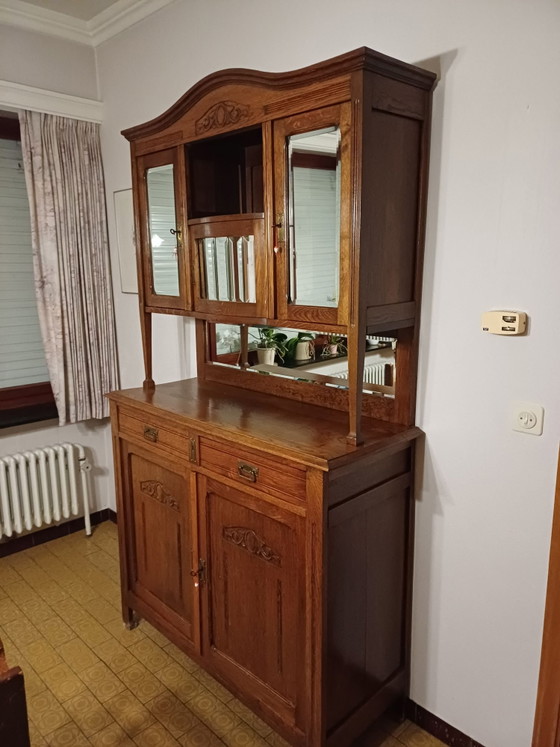 Antiker Eichen-Buffetschrank mit Spiegelaufsatz (Art Deco), Sideboard, Glas, Holz, Braun (Foto 2 von 5)