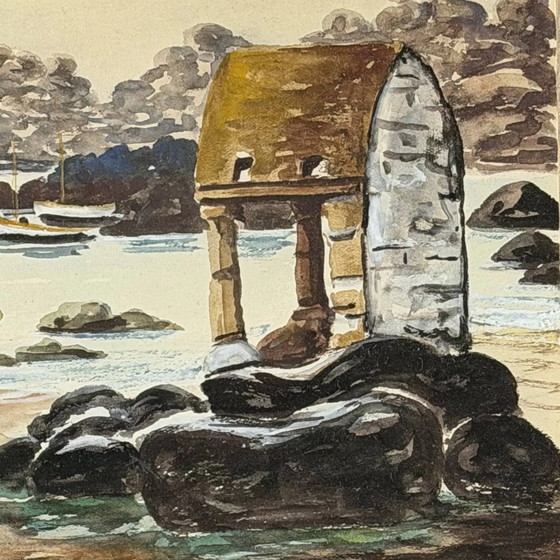 36.5x44 cm Aquarelle Antique Ploumanac'h R. Blossier | Art Mural Exclusif | circa 1920 – Peintures et dessins (photo 2 of 5)