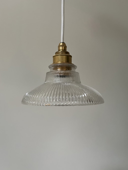 Stijlvolle, vintage hanglamp van gegroefd glas uit Frankrijk