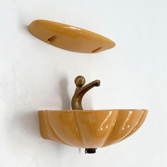 Image 1 of Ensemble de salle de bain vintage en forme de coquillage moutarde, années 1970