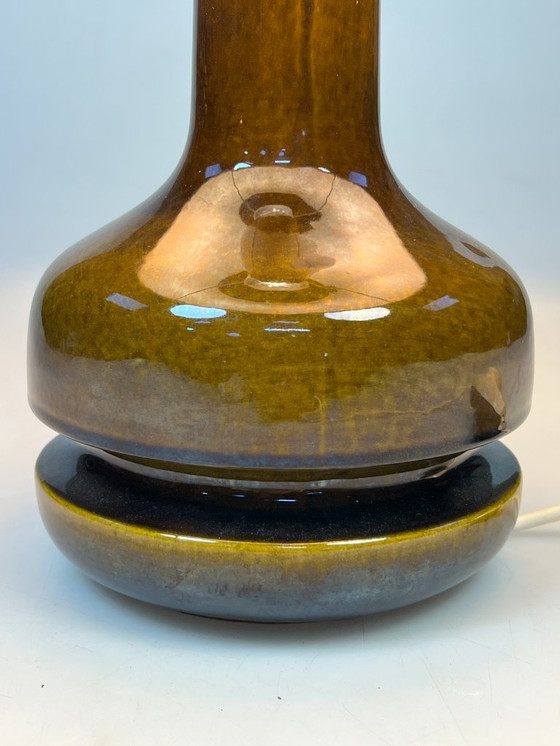 Image 1 of Vintage Earthenware Table Lamp, Green/Brown Ceramic with Wool Shade, Germany 1970s