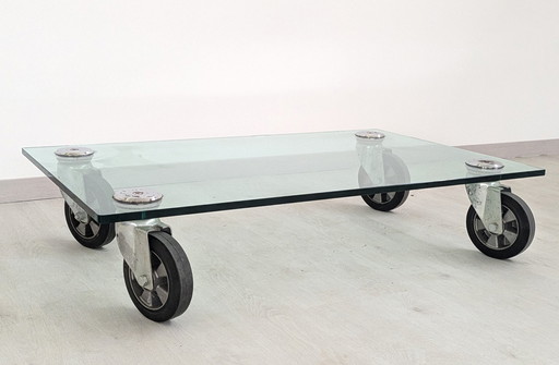 Table basse - Cristal - Table basse en cristal, sur roulettes, dans le style de Gae Aulenti