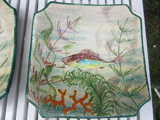 Image 1 of M.G.A. G. Mazzotti Albisola Italia 6 Piatti da Pesce, 1 Vassoio Grande da Portata e 1 Ciotola con Coperchio