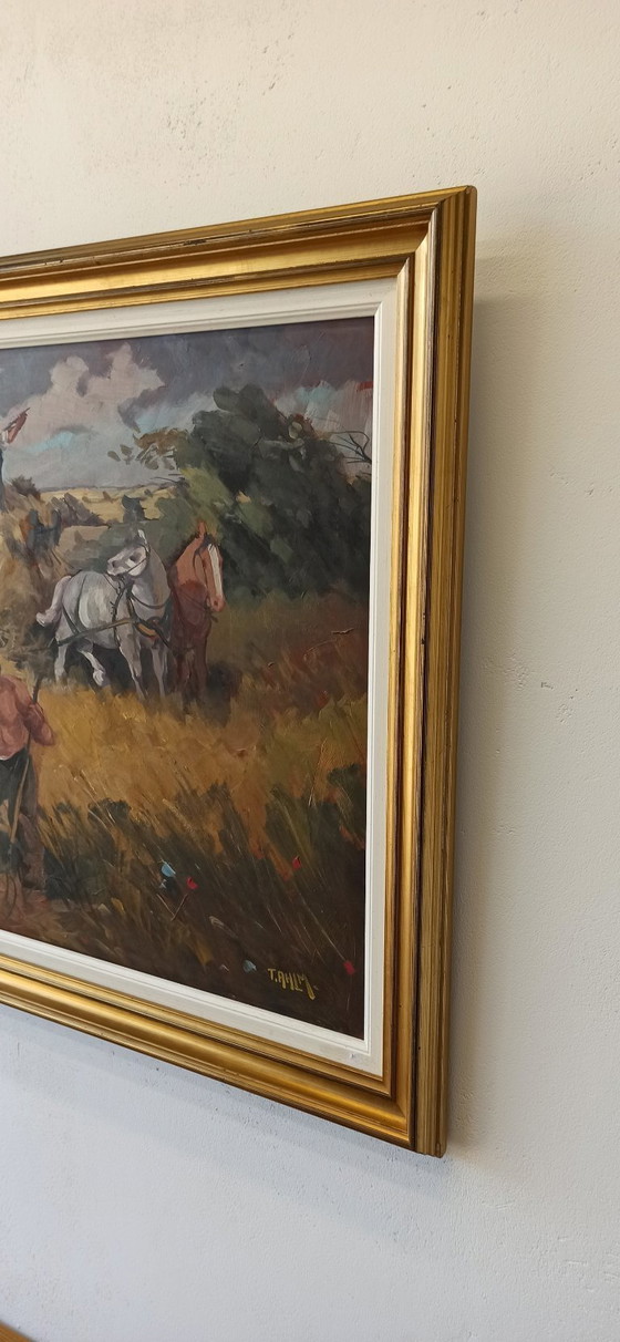 Image 1 of Oil Painting by T. Ahlberg, Harvest Scene with Horses and Farmers