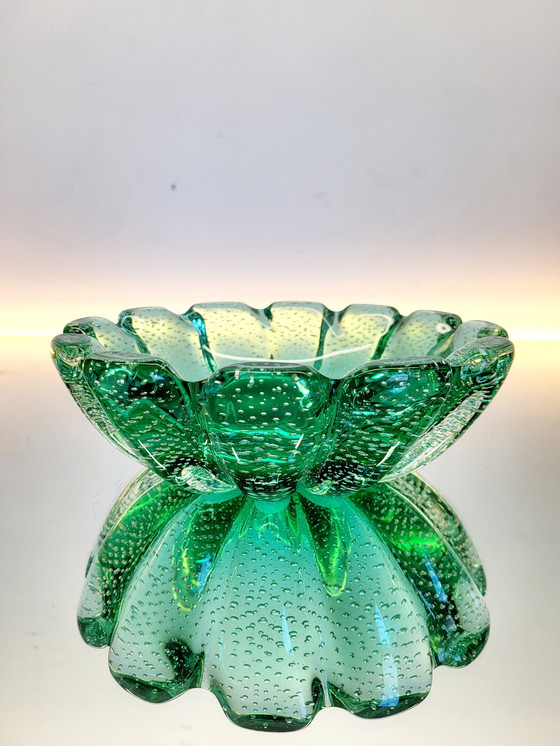 Image 1 of Bol vintage vert de Murano, technique du bubble splash, Italie, années 1970