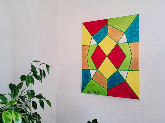 Pittura astratta geometrica, firmata Enzo SAN MARCO, Dipinti e disegni, Tela, Rosso, Abstract (foto 3 di 11)