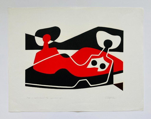 Gijsbert Jan van Koppenhagen - Linograbado vintage 1971 - Década de 1970 - Figura roja en negra