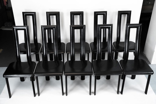Postmodern Set of ten leather dining chairs by Antonello Mosca for Ycami. Italy 1980s