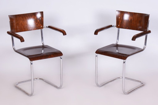 Set of 2 Restored Bauhaus Chairs, by Stam and Slezak, chrome, Czech, 1930s – fauteuils, Metal, Wood