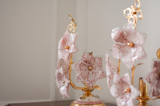 A Pair of Vintage Pink Murano Glass Flower Table Lamps, Italy, 1970s – Gold, Italian Design (photo 9 of 10)