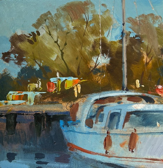 Image 1 of Original Oil Painting River Boats Landscape Summer Yacht Club