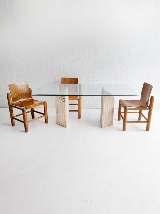 Image 1 of Travertine & Glass Dining Table with Sculpted Legs 1970s