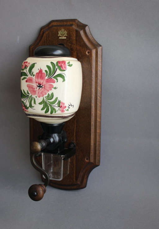 Macinacaffè vintage Zassenhaus da parete con contenitore in ceramica dipinto a mano, grande e pesante