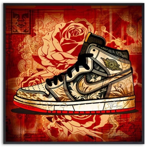 Thirteen: "Nike Jordan by Shepard Fairey." Hand-signed, edition 6/10. Glicee on canvas. Includes frame and hanging system.