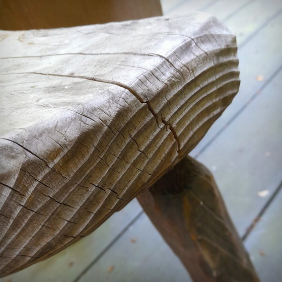 Image 1 of Pair of Brutalist tripod stools in grey pine. France, 50s
