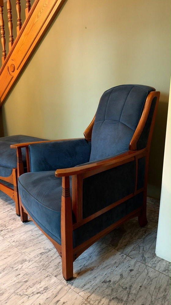 Schuitema Jugendstil Set: 2 Sessel + Hocker, massives Eichenholz (photo 5 of 5)