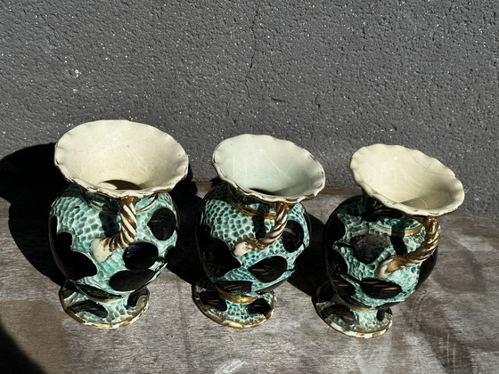 Image 1 of Trio di vasi Amphore Céramique Vallauris Turquoises/Noirs rehaussé d'Or H22cm