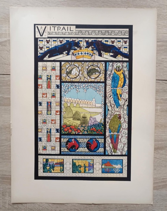 Image 1 of Art Nouveau-illustratie van een glas-in-loodraam door René Binet, 1902.