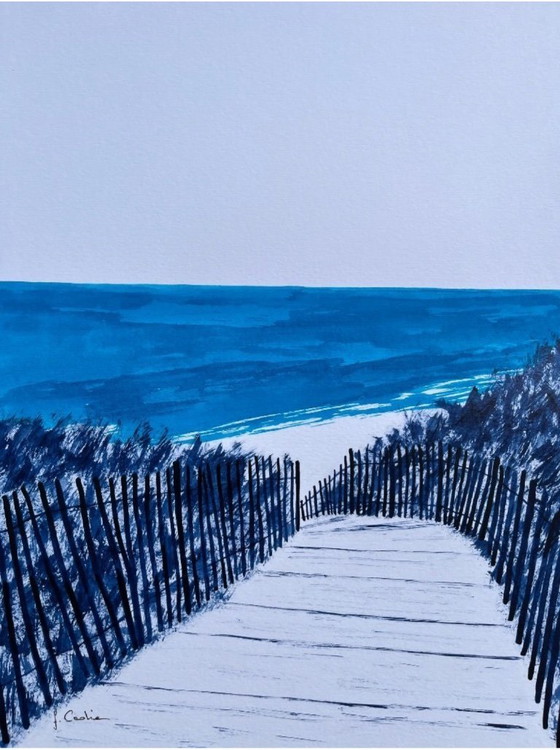 Image 1 of Oost-Indische inkt op wit fabriano papier 300g Formaat 40x30cm.  Natuurlijke houten lijst.