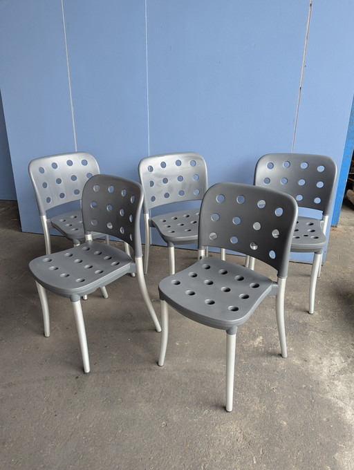 Set 5 Halifax Stapel-Esszimmerstühle, Alu/ 1990er – eetkamerstoelen, Aluminium, Plastic
