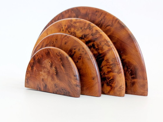 Image 1 of Pair Art Deco Burl Wood Letter Holder Bookends Midcentury Desk Organizer Set