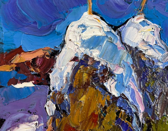 Image 1 of Original Oil Painting Winter Field Landscape Hay under the snow