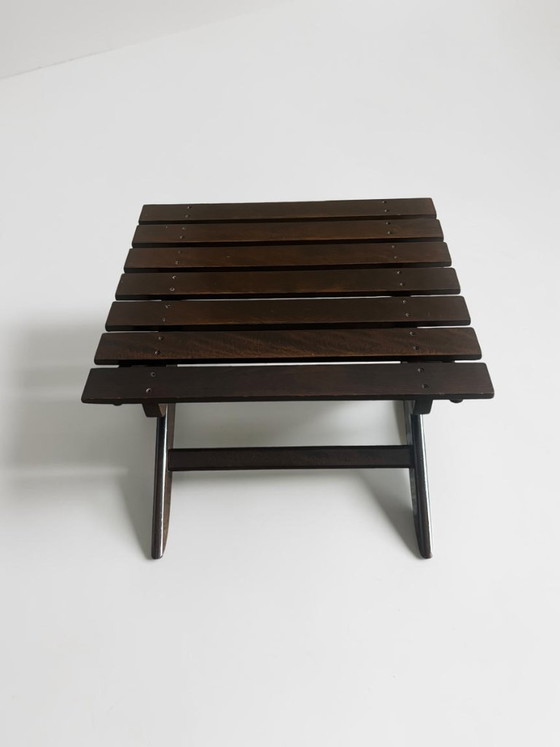 Image 1 of Vintage MESCH Gartenmöbel Set 7teilig, 5 Klappstühle und 2 Beistelltische aus Vollholz, Mid Century Outdoor Möbel