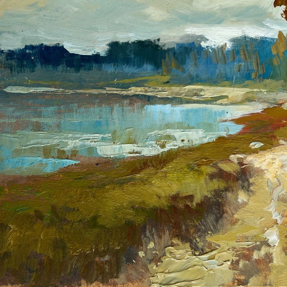 Image 1 of Original Oil Painting Autumn Forest Landscape House in the autumn forest