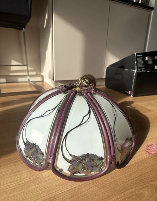 Vintage hanglamp van rotan en mat glas • Tiffany-stijl / Boho chic jaren 70 – plafondlampen (photo 2 of 5)