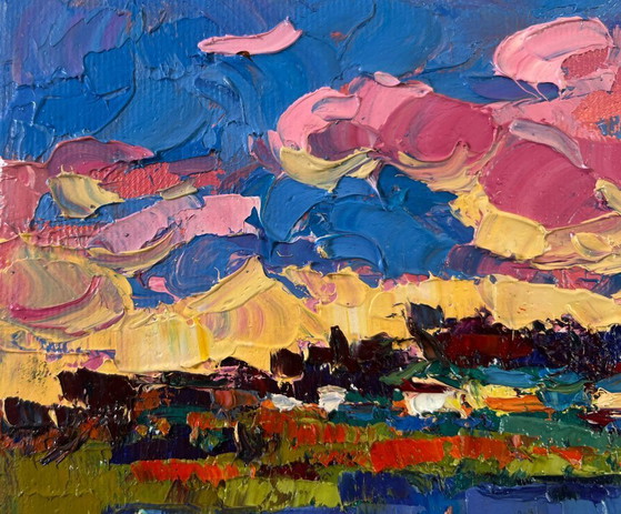 Image 1 of Original Oil Painting Evening Summer Landscape Clouds are floating