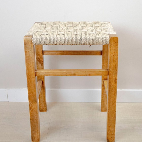 Image 1 of Low Wooden Stool with Seagrass Cord