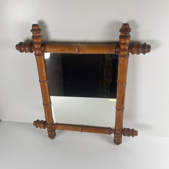 Image 1 of Espejo de madera torneada estilo bambú, circa 1900-1930