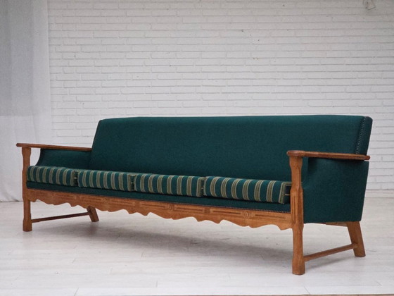 Image 1 of 1970s, Danish 4-seater sofa, furniture wool, solid oak wood.