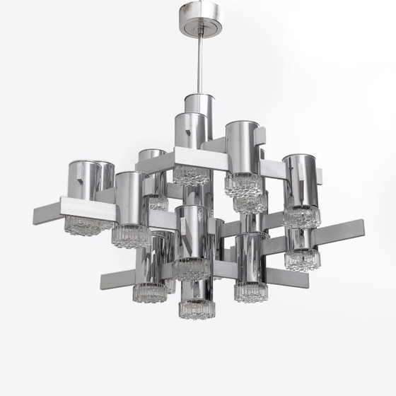 Image 1 of Geometric chrome and crystal chandelier, Gaetano Sciolari, Italy, 1970s