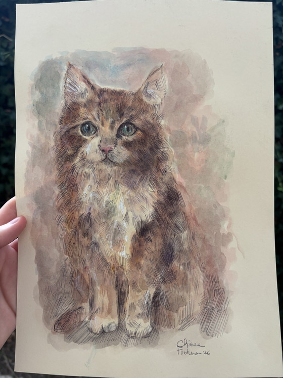 Watercolor Mixed Media Cat Drawing – Paintings & Drawings, Paper (photo 6 of 7)