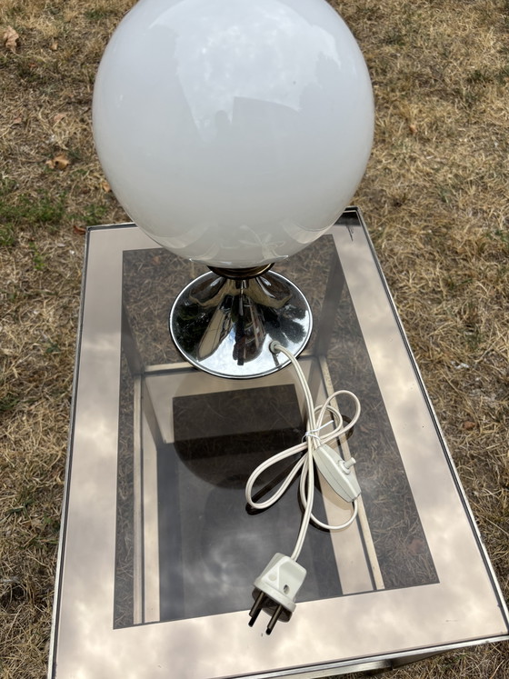Vintage Space Age Table Lamp – Opaline Glass Globe & Chrome Base – 1970s – Metal (photo 10 of 11)