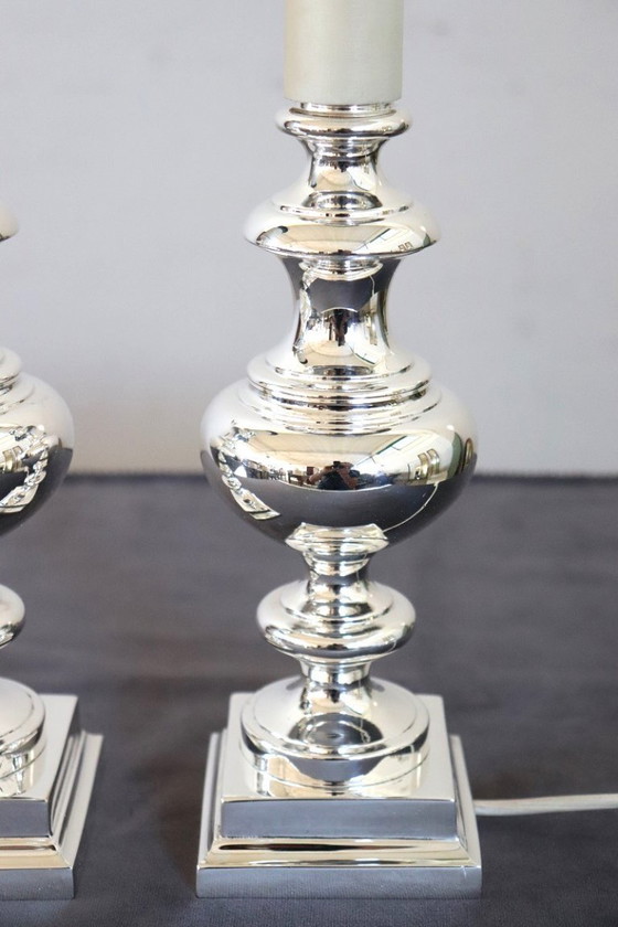 Image 1 of Elegantes versilbertes Nachttischlampenpaar, Italien 1970er