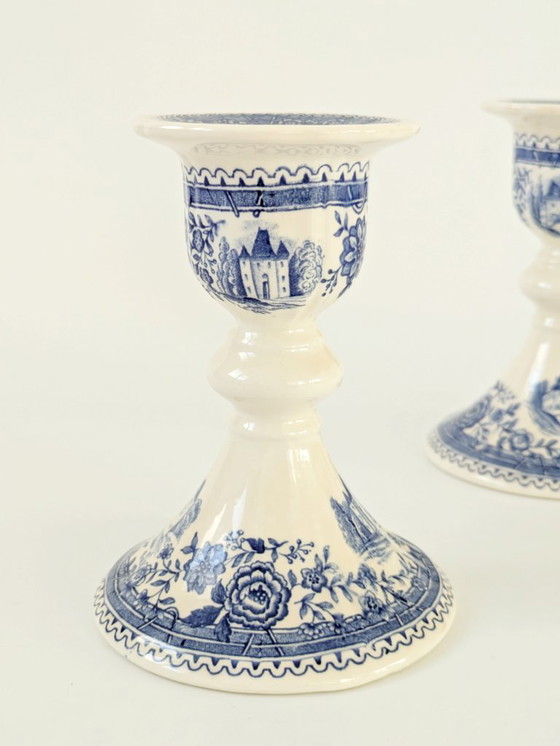 Image 1 of Set of 2 Antique Villeroy & Boch Burgenland Candleholders | Blue Saar Transferware (1913–1947)