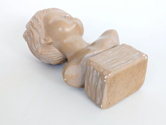 Image 1 of Vintage Young Girl Bust on Pedestal, After Salvatore Melani, Glazed Plaster Terracotta Patina, Signed