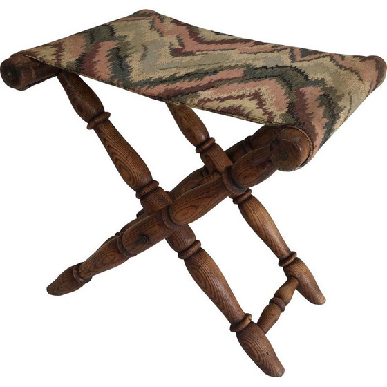 Image 1 of Vintage Folding Wooden and Tapestry Stool 1930