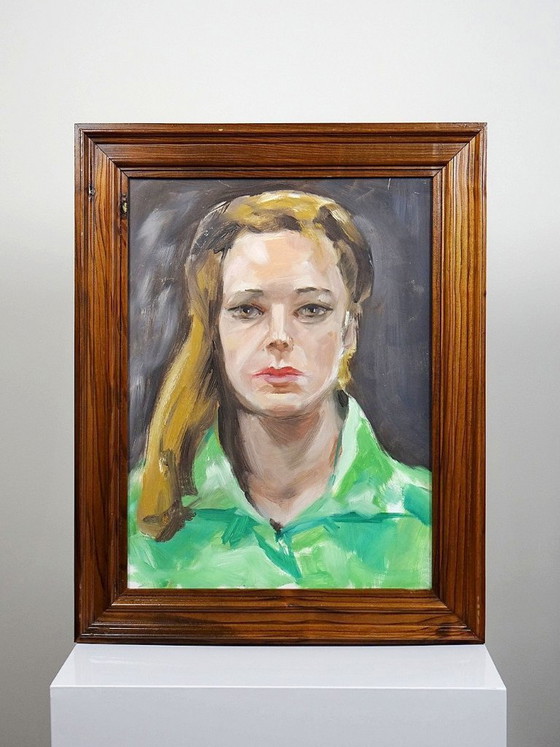 Image 1 of Vintage portrait "The Woman in Green", oil on canvas board, wooden frame