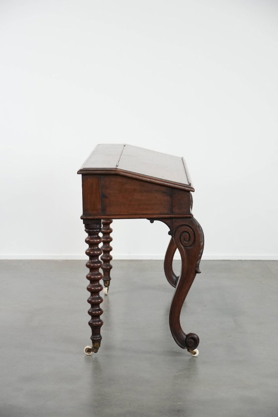 Image 1 of 19th century English antique oak wall desk/writing table on castors