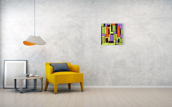 Image 1 of Modern abstract green, yellow, purple and orange mixed media painting