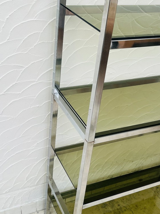 Image 1 of Mensola vintage di design italiano in cromo e vetro fumé degli anni '70.