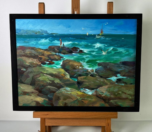 Peinture à l'huile originale : paysage marin, rochers, voilier, vagues côtières