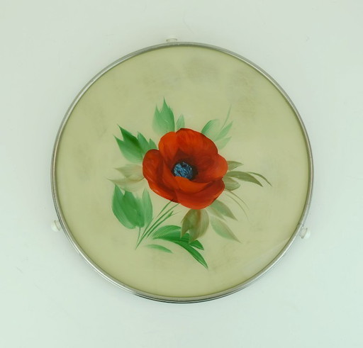 1930s rotatable CAKE PLATTER glass chrome cake plate floral decor poppy decor