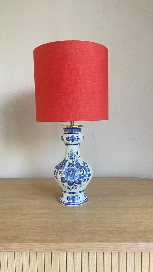 Vintage Handmade Table Lamp (42cm) – Classic Delft Blue Base with Orange Linen Shade