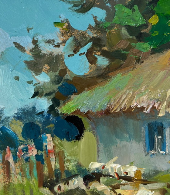 Image 1 of Original Oil Painting Summer Village Landscape Thoughts on the bench
