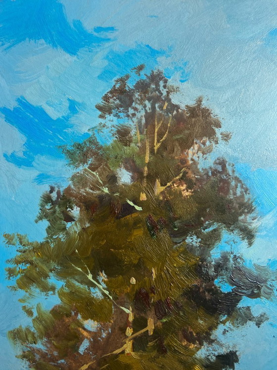 Image 1 of Peinture à l'huile originale Paysage de champ d'été Admirez la forêt d'été