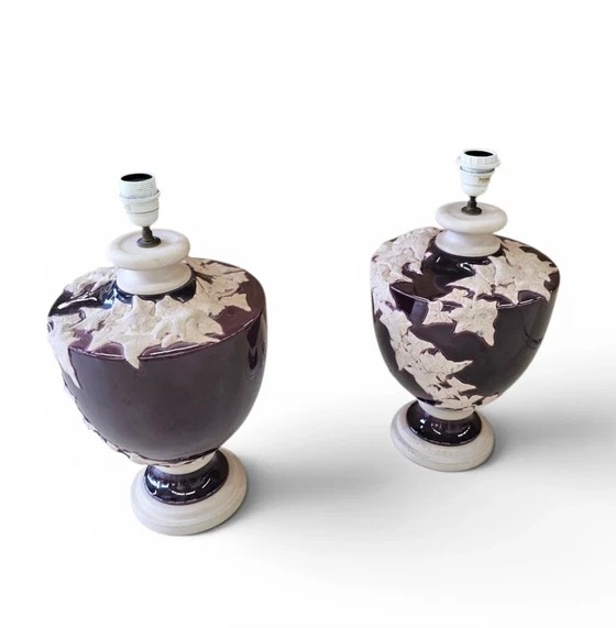 2 x große Kostka florale Keramik Vasenlampe / 1970er / Frankreich – Tischlampen, Ceramic (photo 4 of 12)